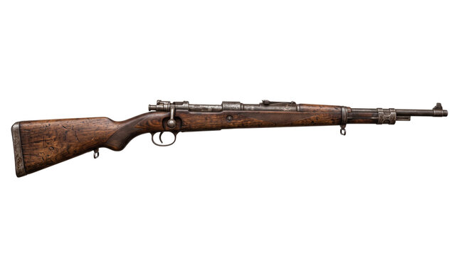 Vintage bolt action rifle with wooden stock, antique military firearm isolated on white, historic infantry weapon for museum or hunting