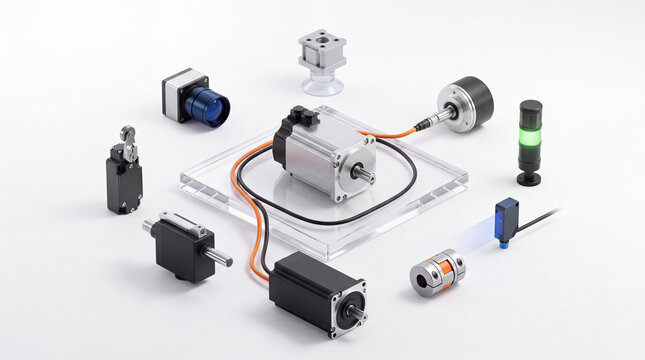 Industrial Automation Components and Motion Control System on White Background