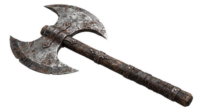Medieval double-headed battle axe, rustic viking war axe with weathered steel blade, ancient warrior weapon on white background