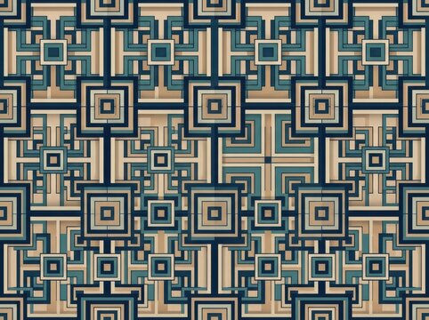 Geometric seamless pattern with intricate square maze and interlocking shapes in blue and beige