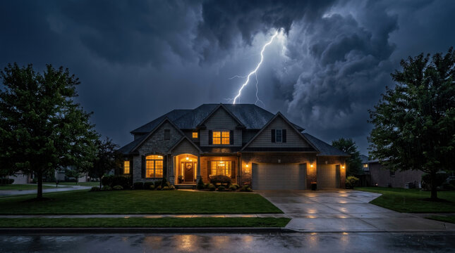 Dark stormy sky with bright lightning bolt hitting residential roof emphasizing severe weather preparedness and home security