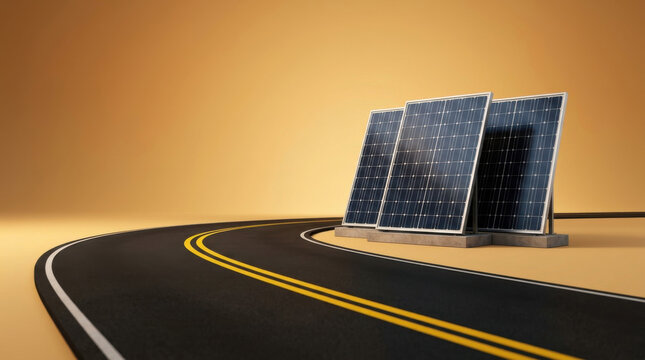 Conceptual journey to sustainability featuring photovoltaic solar panels beside a winding road representing alternative energy development