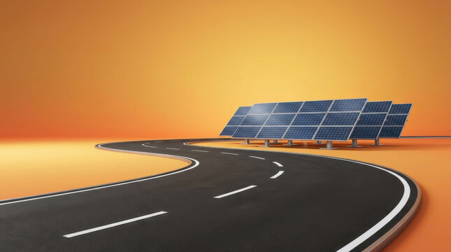 Curving asphalt road leading past modern solar panels symbolizing the journey toward sustainable renewable energy solutions