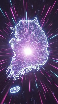 Futuristic digital map of South Korea with neon cyber light speed effect for technology concepts