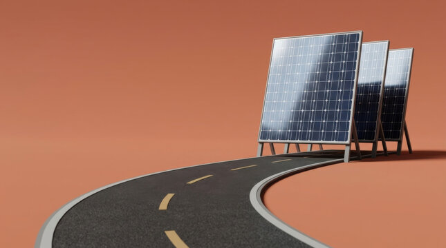 Road to renewable energy transition illustrated by solar panels standing on a curved highway path against an orange background