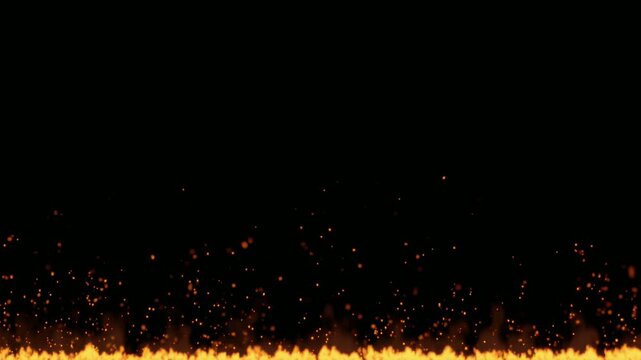 Animated fire sparks and flames along bottom edge on black background, background animation, seamless loop