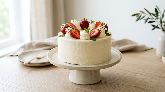 Delicious layered cake with fresh strawberries on cake stand