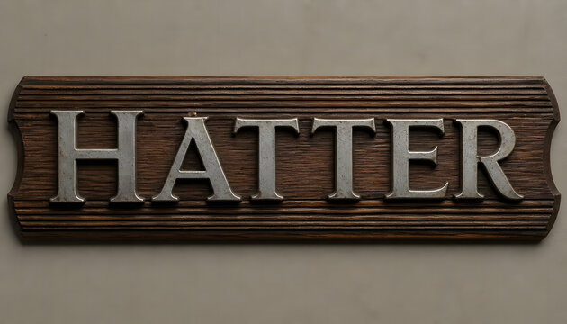 Vintage Metal Hatter Sign on Dark Wood Panel