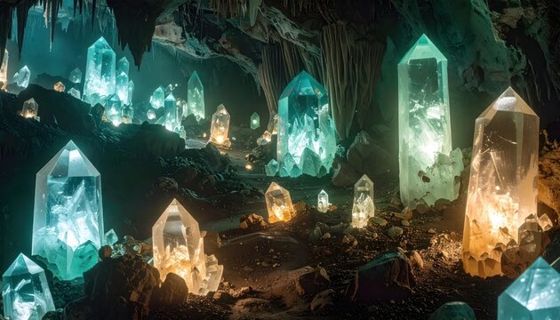 Giant glowing crystals inside dark underground cavern.
