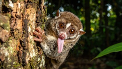 Naklejka premium Funny slow loris primate sticking out its tongue.