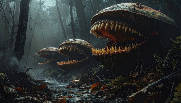 Giant carnivorous monster plants with sharp teeth in dark forest