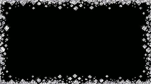 Sparkling diamond border frame with black center, copy space text overlay, hand drawn stop motion animation seamless loop