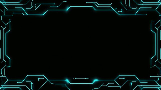 Neon circuit border frame with copy space text overlay seamless loop, futuristic hand drawn digital stop motion animation