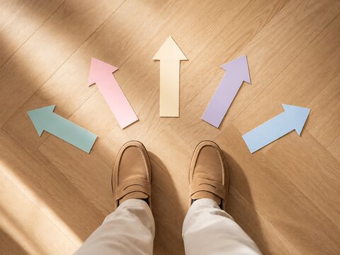 A person standing on a light wooden floor looking down at five colorful paper arrows pointing in different directions, representing a life choice