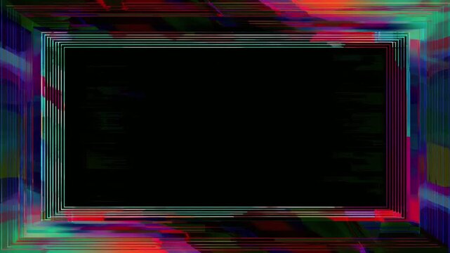 Neon multicolor rectangular frame border with black copy space, digital abstract animated text overlay, seamless loop