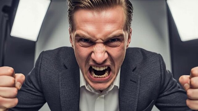 Angry young businessman shouting with clenched fists in a studio, representing workplace stress, frustration, and corporate anger concept