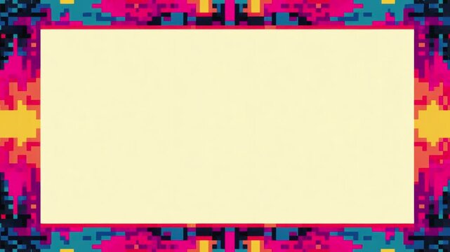 Pixelated neon frame border with blank center for text overlay, stop motion animation seamless loop