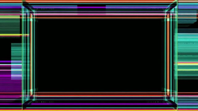 Neon glitch border frame with empty center for text overlay, digital abstract seamless loop