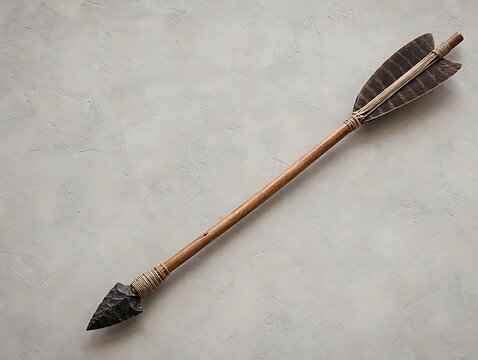 An ancient style arrow with a sharp dark stone arrowhead, wooden shaft, and dark bird feather fletching on a light grey textured background