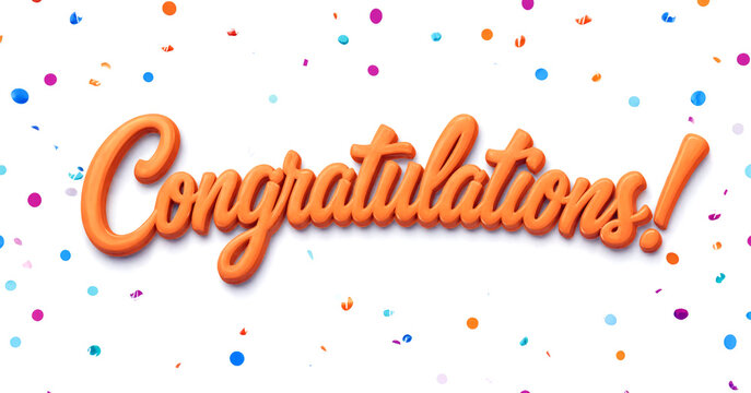 Bright and colorful congratulations text with confetti celebration design isolated on transparent background