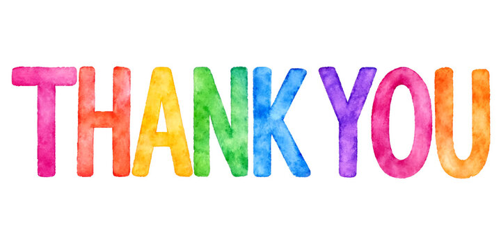 Bright and colorful watercolor thank you text with rainbow letters isolated in one line