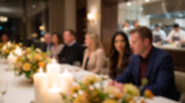 Business professionals sitting around long dinner table with candles and flower arrangements during formal evening networking event in elegant restaurant or event venue setting
