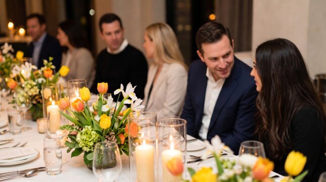 Group of business professionals sitting at long dinner table during formal evening networking event with candles and floral centerpieces in upscale restaurant setting