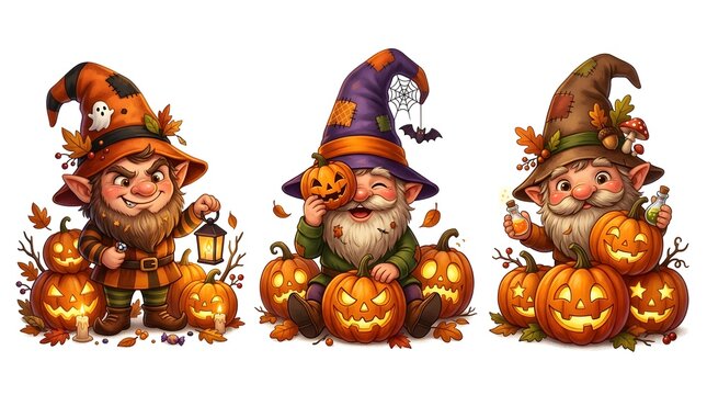 Halloween gnomes set with pumpkins, witch hats, lanterns, and potions isolated on white background