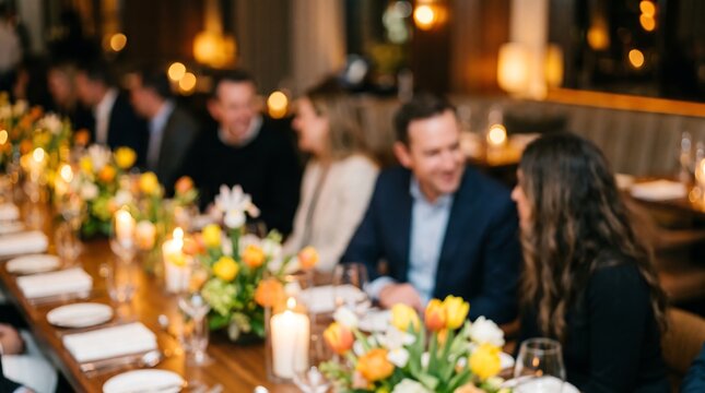 Professional man talking to woman at formal dinner table during corporate networking event with candles and flowers in upscale restaurant with blurred background