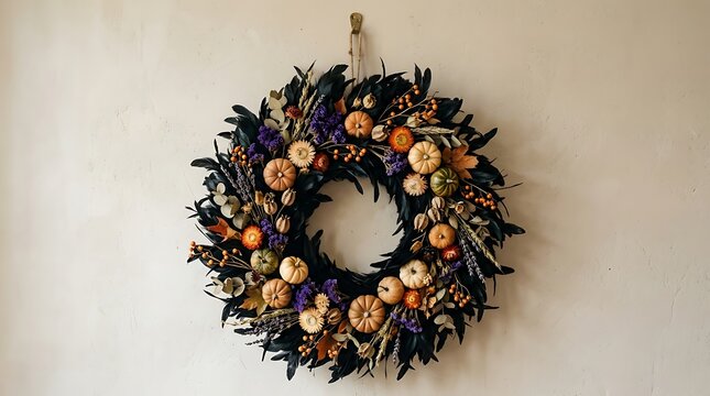 Fall wreath with pumpkins and leaves on a white wall