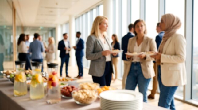 Business professionals standing in office corridor during networking event having snacks and drinks with bright natural light through windows and blurred office background activity