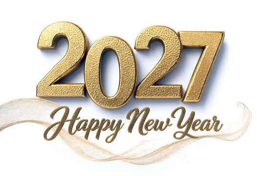 Golden shiny new year two thousand twentyseven celebration with elegant ribbon and text