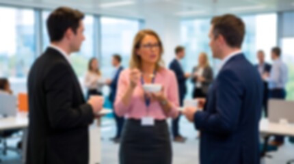Obraz premium Professional business colleagues networking during office lunch break meeting in modern corporate workplace with blurred background and coworkers socializing in bright light office environment