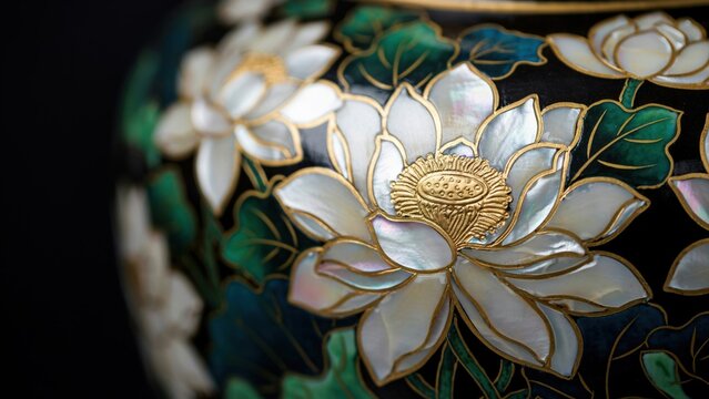 Traditional Mother of Pearl Lotus Flower Inlay Craft Close Up