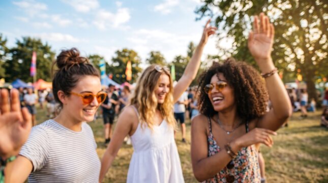 Three stylish diverse young women with curly hair and sunglasses dancing and laughing at outdoor summer music festival in park during golden hour with blurred crowd in background