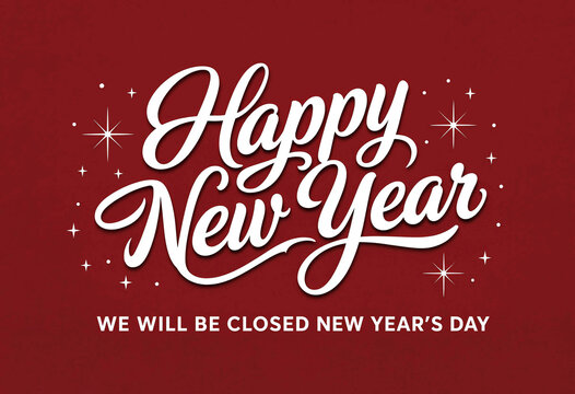 Happy new year greeting card with elegant white typography and festive stars design