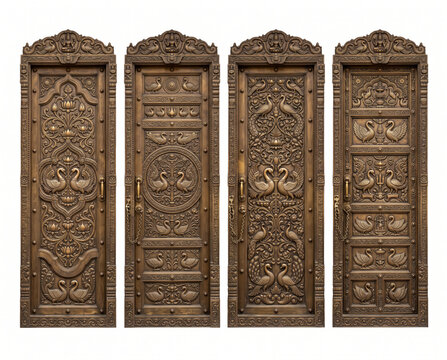 Four narrow decorative door panels are presented side by side, each featuring distinct raised relief compositions with floral forms, flowing botanical patterns, animal and bird-like motifs