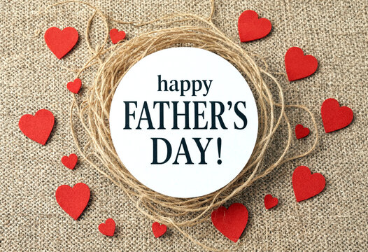 Happy fathers day greeting card with twine circle and red heart decorations on burlap background