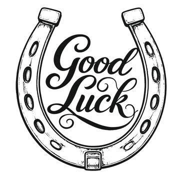 Illustrated horseshoe with elegant good luck text perfect for luckthemed designs and decorations