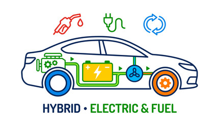 Naklejka premium Hybrid vehicle technology illustration showing electric and fuel systems