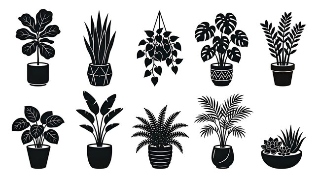 Potted houseplant silhouette set with monstera snake plant fiddle leaf fig fern hanging pothos palm and succulents black vector illustration