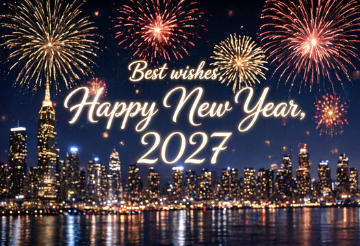 Spectacular new year celebration with fireworks over a city skyline welcoming happy new year for two thousand twentyseven