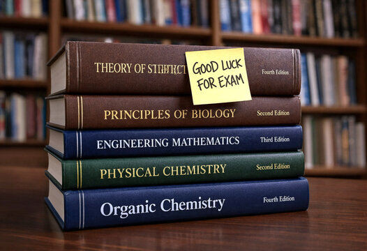 Stack of academic textbooks with good luck note for exams on top in library setting