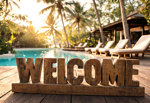 Wooden welcome sign on a deck near a beautiful swimming pool with lounge chairs and tropical palm trees