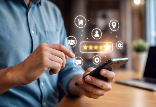 Young man using smartphone with app icons and fivestar rating floating above screen