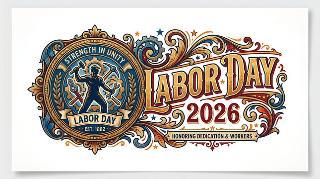 Decorative vintage style labor day 2026 typography design with intricate ornate patterns and industrial worker silhouette illustration