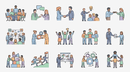 Fototapeta premium Professional Illustrated Set of 15 Business Teamwork and Collaboration Concept Icons with Diverse Characters