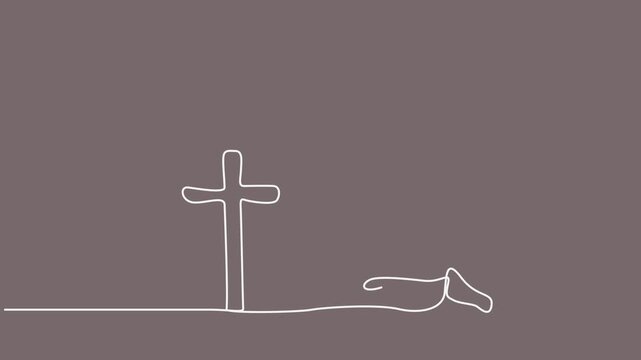 Continuous single line art drawing animation of man praying before cross on dark background