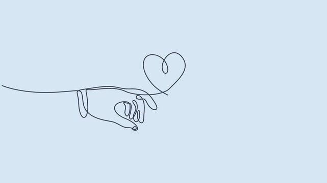 Continuous single line art drawing animation of two hands reaching with heart blue background