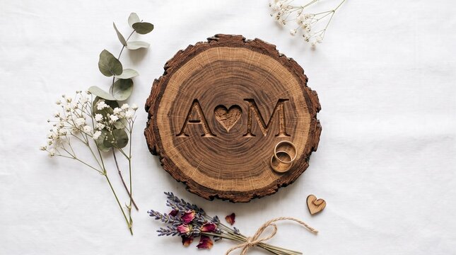 Wedding Rings and Initials A M Carved on a Wooden Slice with Flowers and Eucalyptus